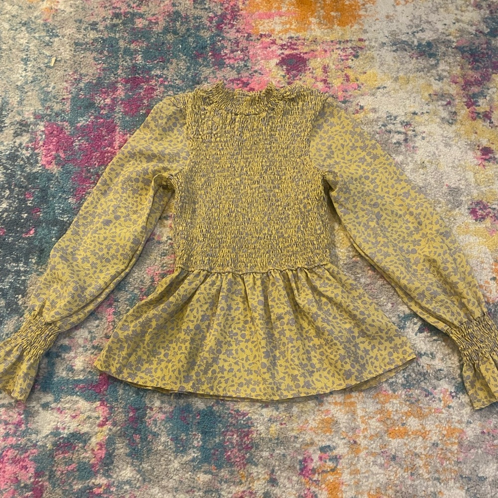 Yellow and Gray Floral Long Sleeve Blouse